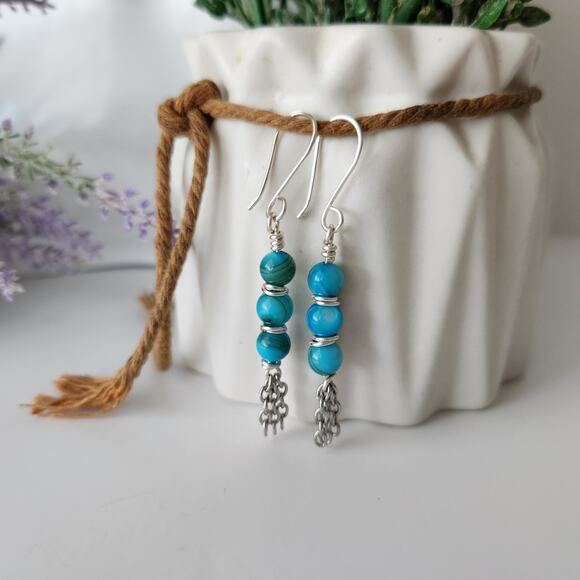 Turquoise Seashell Beads Tassel Earrings, Silver Plated Wire Wrapped Earrings - Picture 5 of 6
